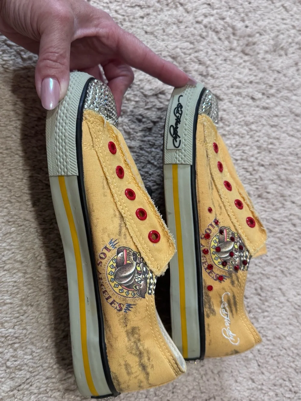 Vintage Y2K Ed Hardy Yellow Canvas Laceless Slip-On Sneakers W/Crystals, Size 2